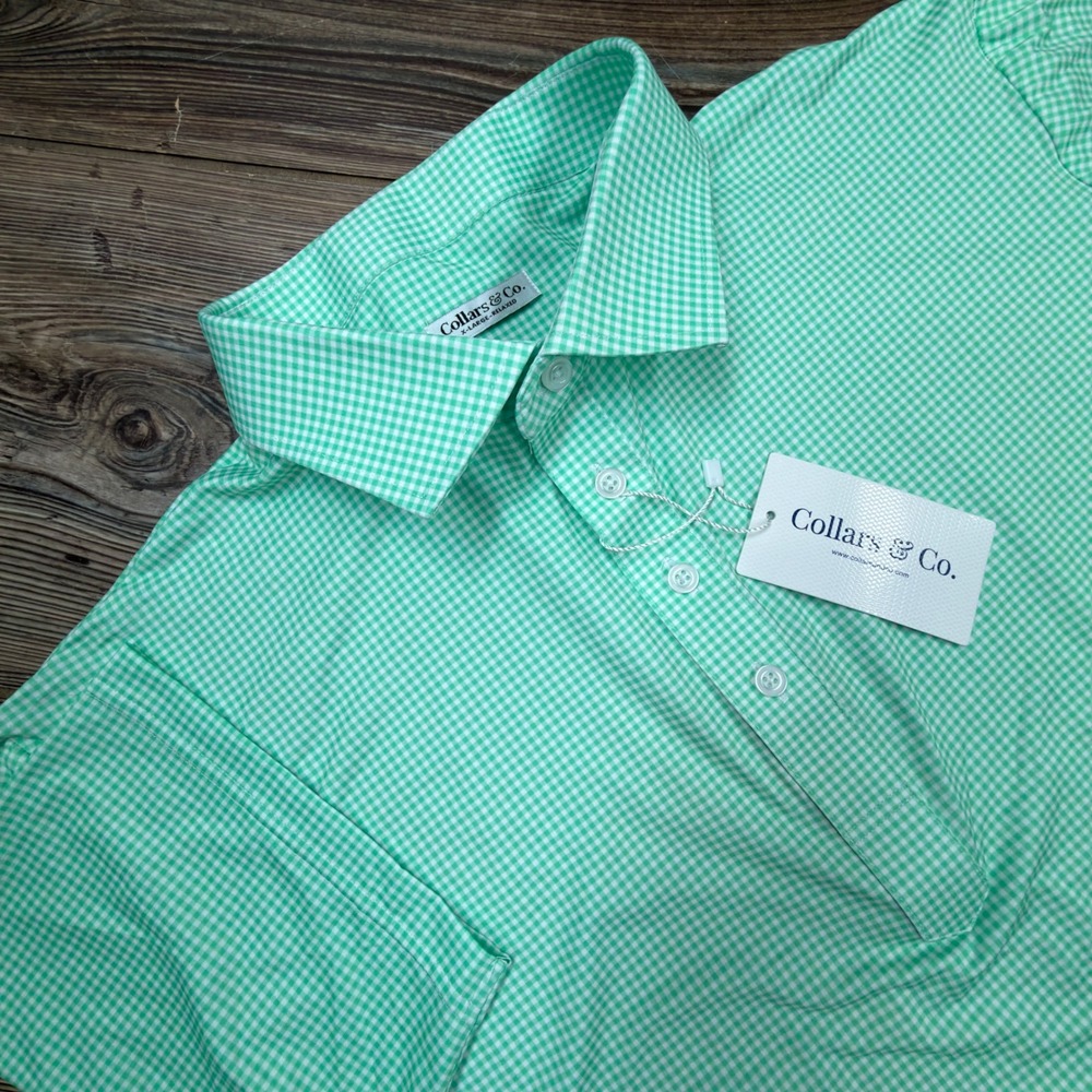 Collars & Co Mens XL Relaxed Dress Collar Polo Green Gingham Performance New